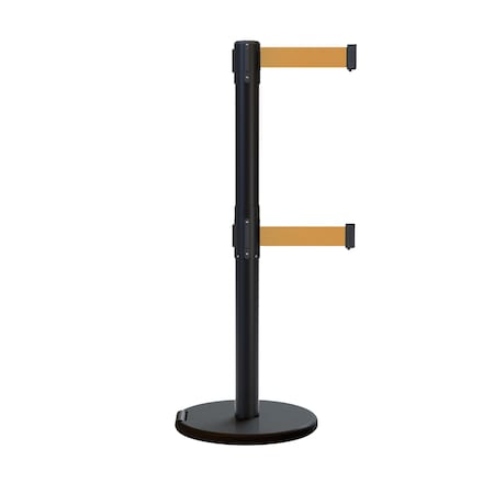 Montour Line Retractable Double Belt Rolling Stanchion, Black/Orange, 9 ft Length, 2.5 ft Post Height P400DRL-BK-BN-90